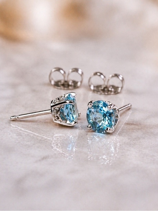Jewelry - 9K White Gold Blue Topaz & Zirconia Stud Earrings Vintage Elegant Pair